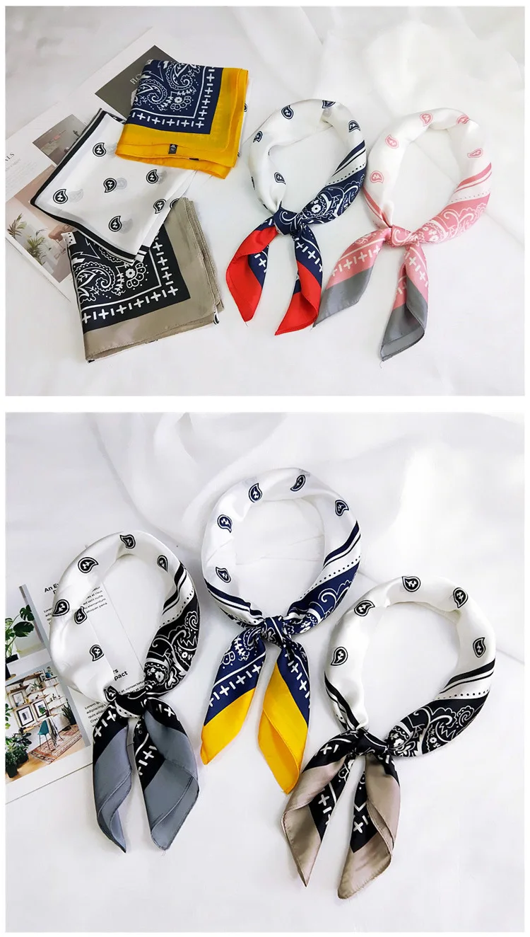 70cm Fashion Bandana Hair Scarf For Women Paisley Print Kerchief Silk Satin Head Scarfs Square Shawl Wraps Neck Scarves For Lady