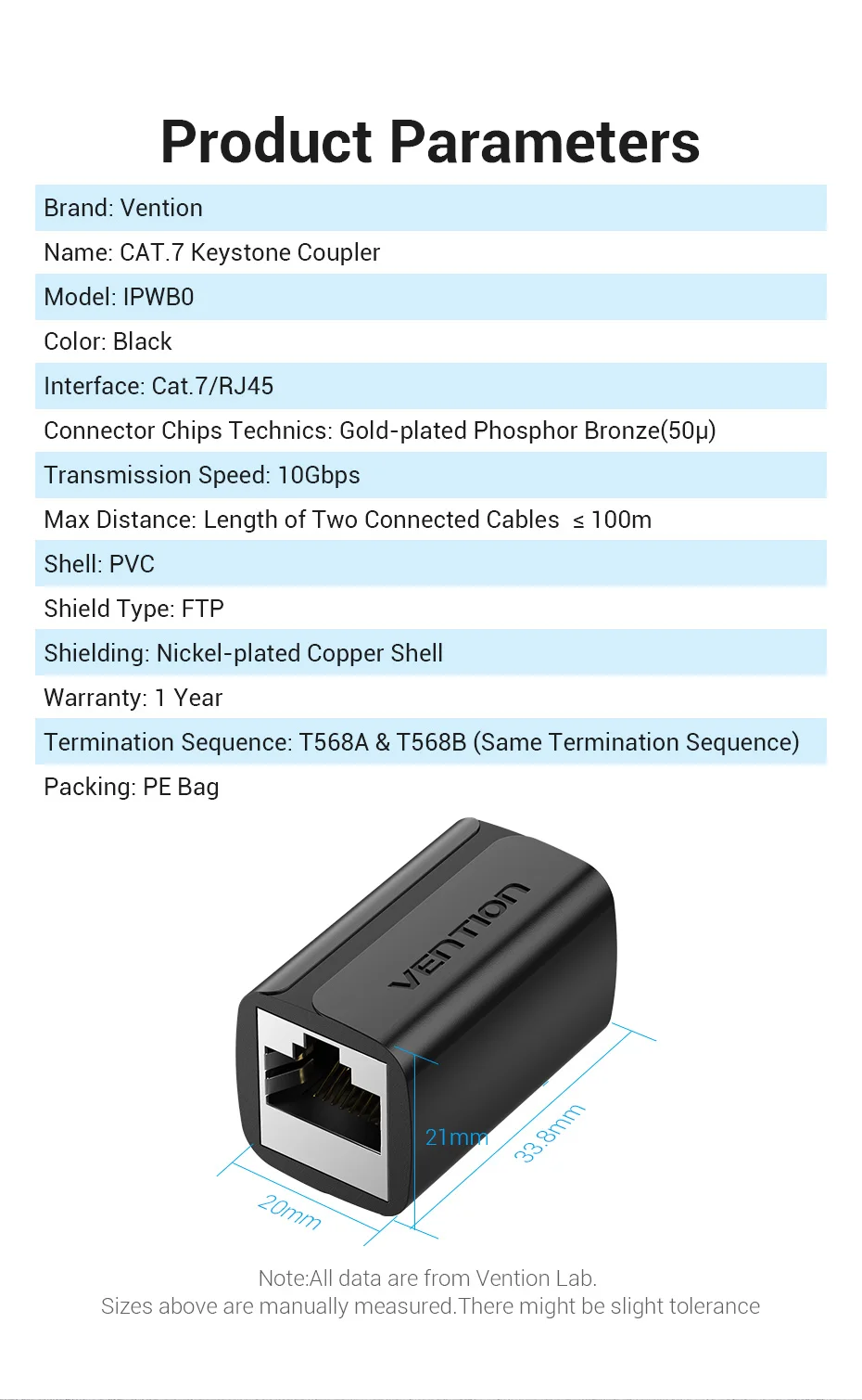 Vention RJ45 Connector Cat7/6/5e Ethernet Adapter Female to Female 8P8C Patch Network Extender Extension Wire for Ethernet Cable