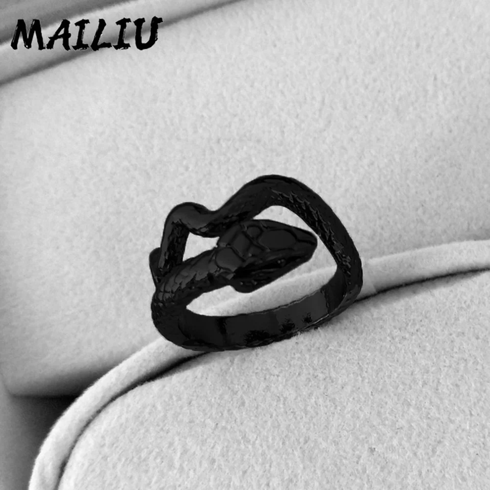 9styles European Retro Punk Exaggerated Spirit Black Snake Ring Fashion Personality Stereoscopic Opening Adjustable Ring Jewelry