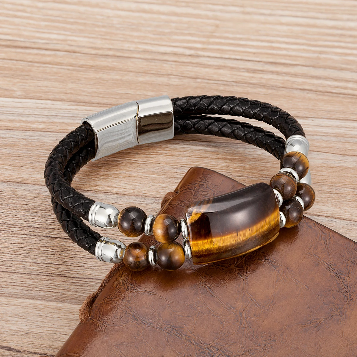 2020 New Male Jewelry Genuine Leather Bracelet Tiger Eye Beads Bracelets Charm Stainless Steel Magnetic Clasps Men Wrist Gifts