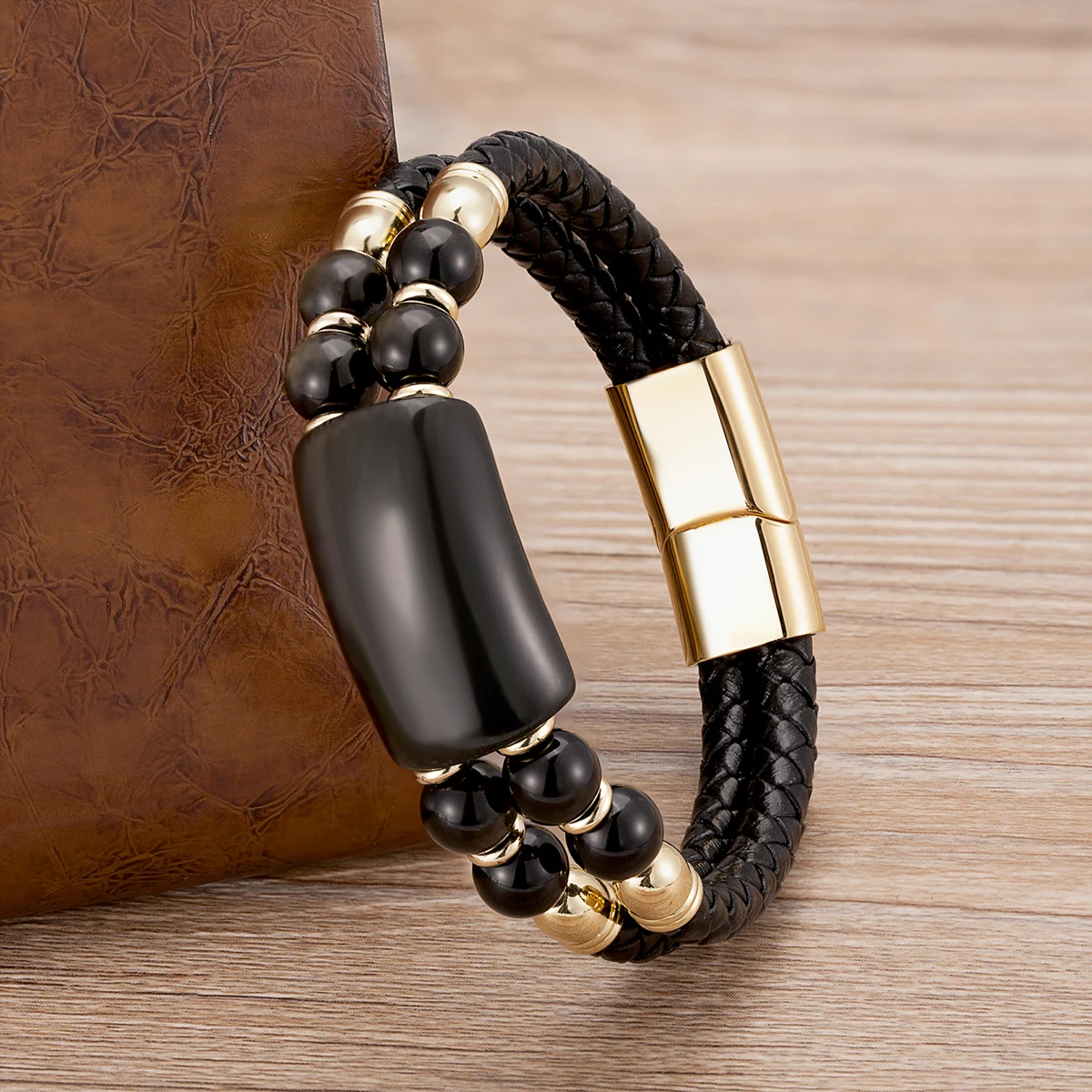 2020 New Male Jewelry Genuine Leather Bracelet Tiger Eye Beads Bracelets Charm Stainless Steel Magnetic Clasps Men Wrist Gifts