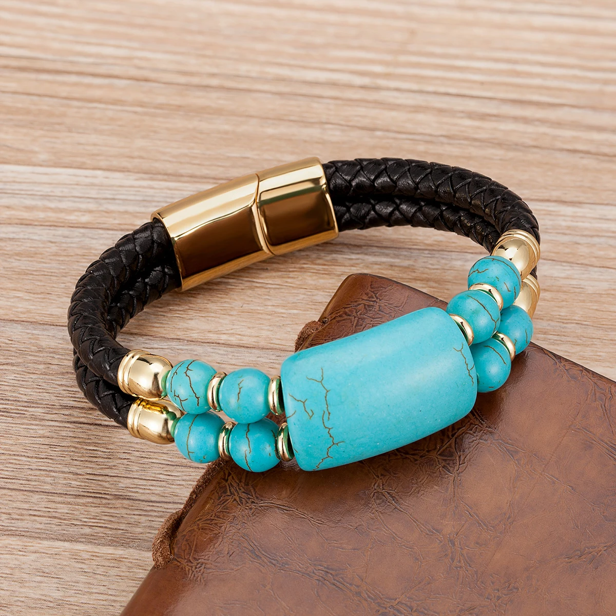 2020 New Male Jewelry Genuine Leather Bracelet Tiger Eye Beads Bracelets Charm Stainless Steel Magnetic Clasps Men Wrist Gifts