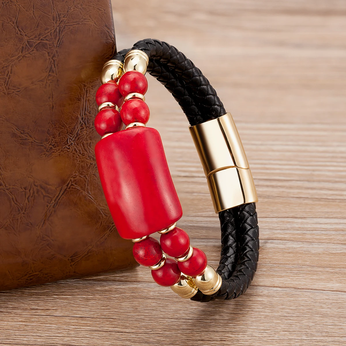 2020 New Male Jewelry Genuine Leather Bracelet Tiger Eye Beads Bracelets Charm Stainless Steel Magnetic Clasps Men Wrist Gifts
