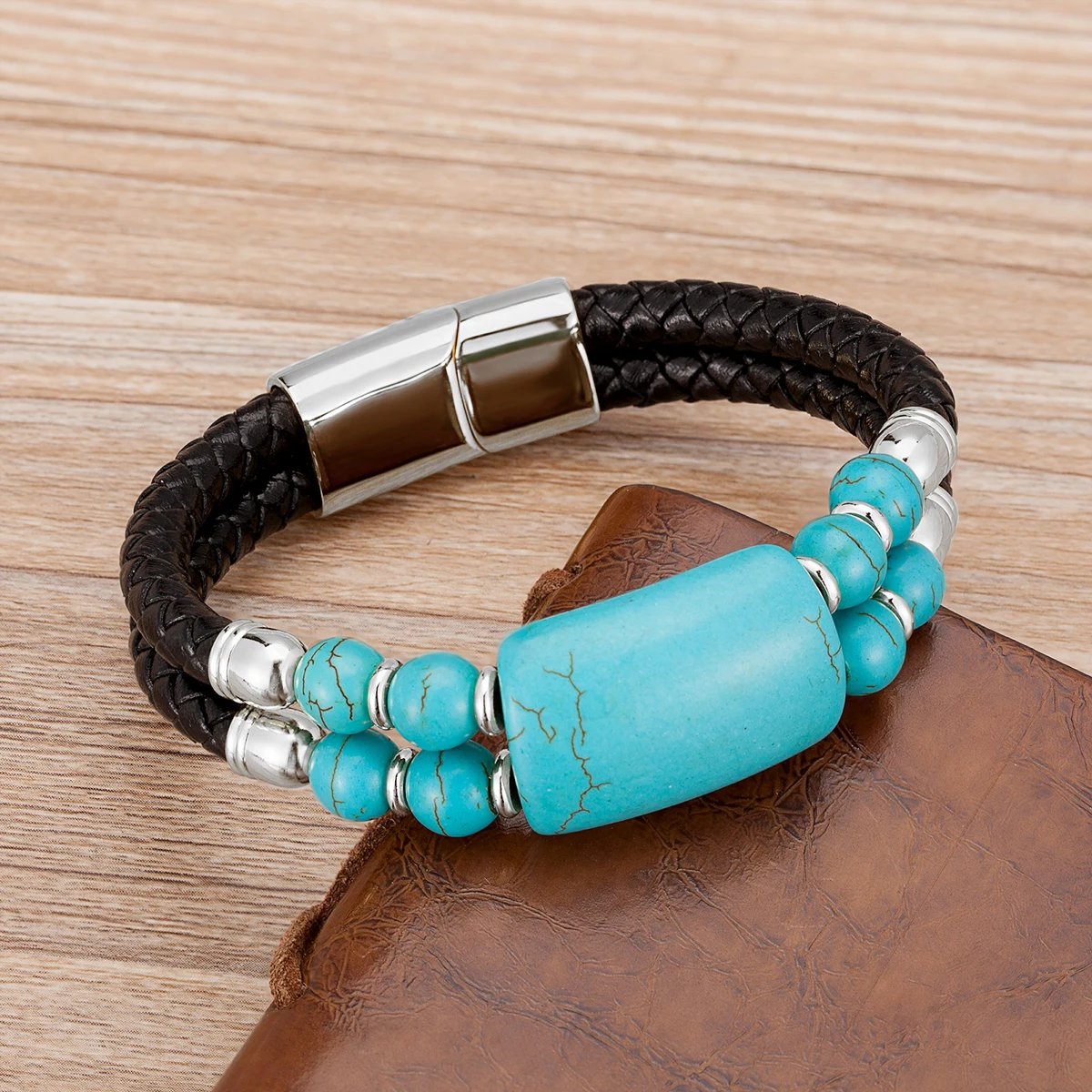 2020 New Male Jewelry Genuine Leather Bracelet Tiger Eye Beads Bracelets Charm Stainless Steel Magnetic Clasps Men Wrist Gifts