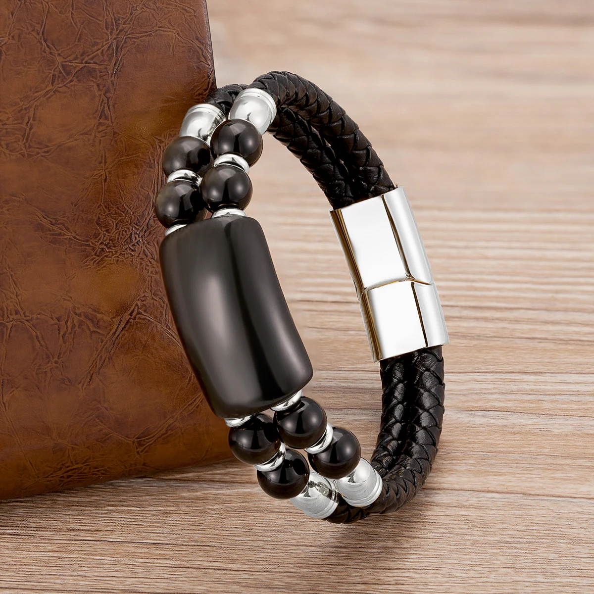 2020 New Male Jewelry Genuine Leather Bracelet Tiger Eye Beads Bracelets Charm Stainless Steel Magnetic Clasps Men Wrist Gifts