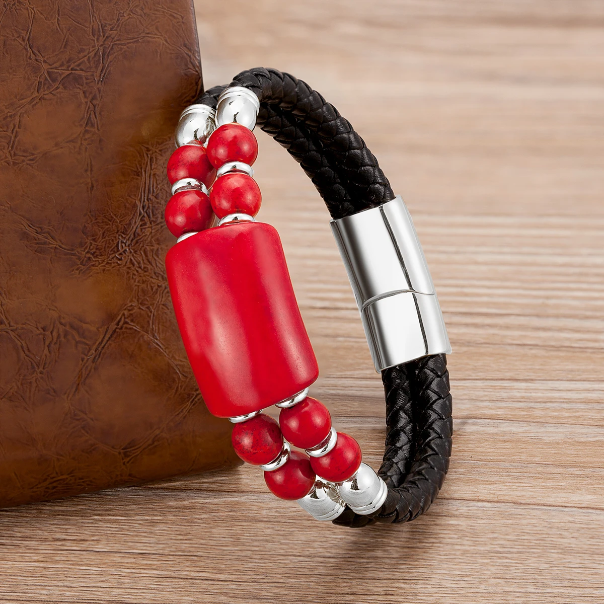 2020 New Male Jewelry Genuine Leather Bracelet Tiger Eye Beads Bracelets Charm Stainless Steel Magnetic Clasps Men Wrist Gifts