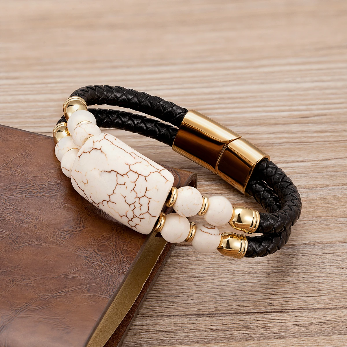 2020 New Male Jewelry Genuine Leather Bracelet Tiger Eye Beads Bracelets Charm Stainless Steel Magnetic Clasps Men Wrist Gifts