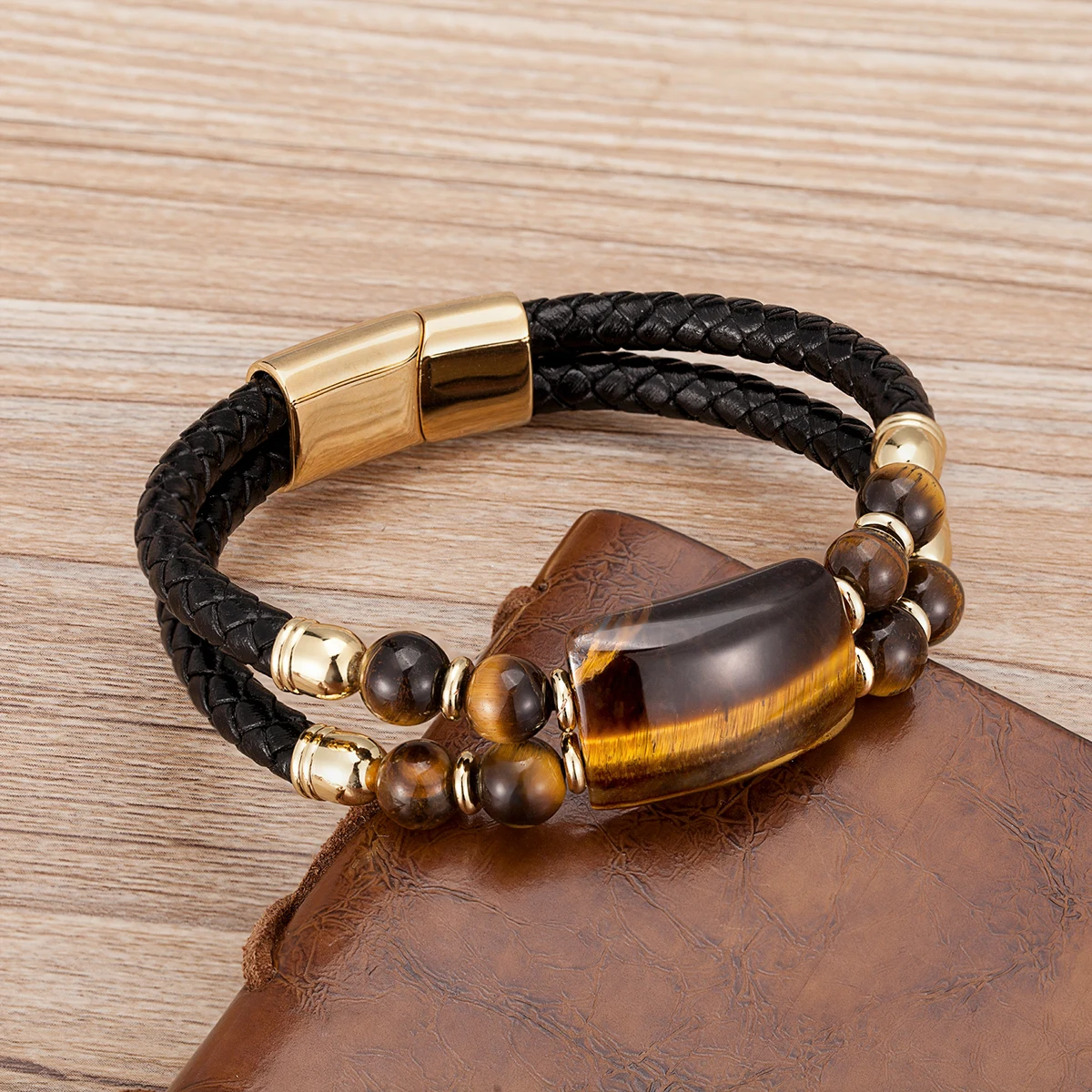 2020 New Male Jewelry Genuine Leather Bracelet Tiger Eye Beads Bracelets Charm Stainless Steel Magnetic Clasps Men Wrist Gifts