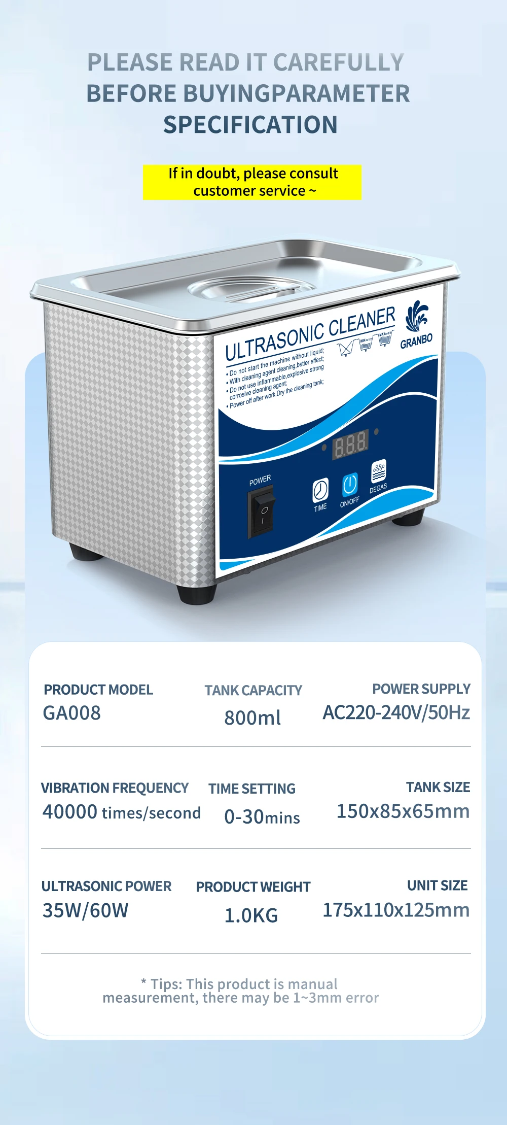 800ml Household Digital Ultrasonic Cleaner 60W Stainless Steel Bath 110V 220V Degas Ultrasound Washing for Watches Jewelry