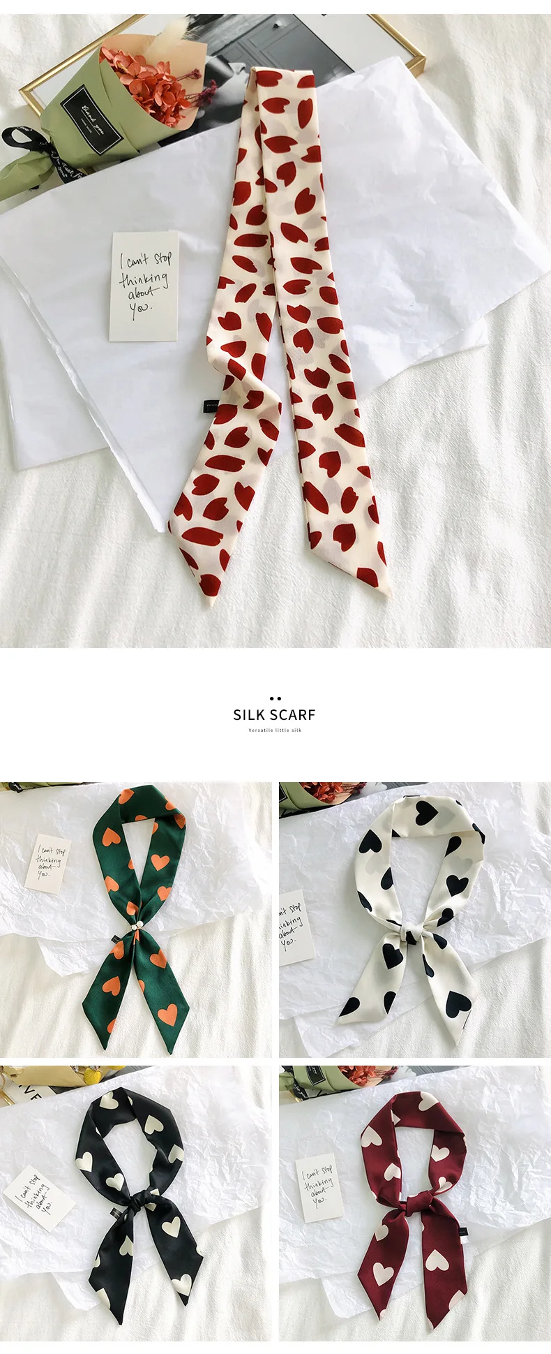 2025 New Style Fashion Ribbon Narrow Silk Scarf Women Small Long Decorative Hair Band Printed Silk Skinny Scarf Neckerchief