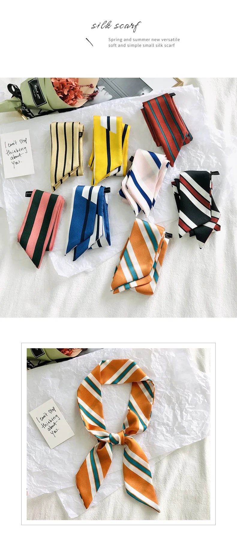 2025 New Style Fashion Ribbon Narrow Silk Scarf Women Small Long Decorative Hair Band Printed Silk Skinny Scarf Neckerchief