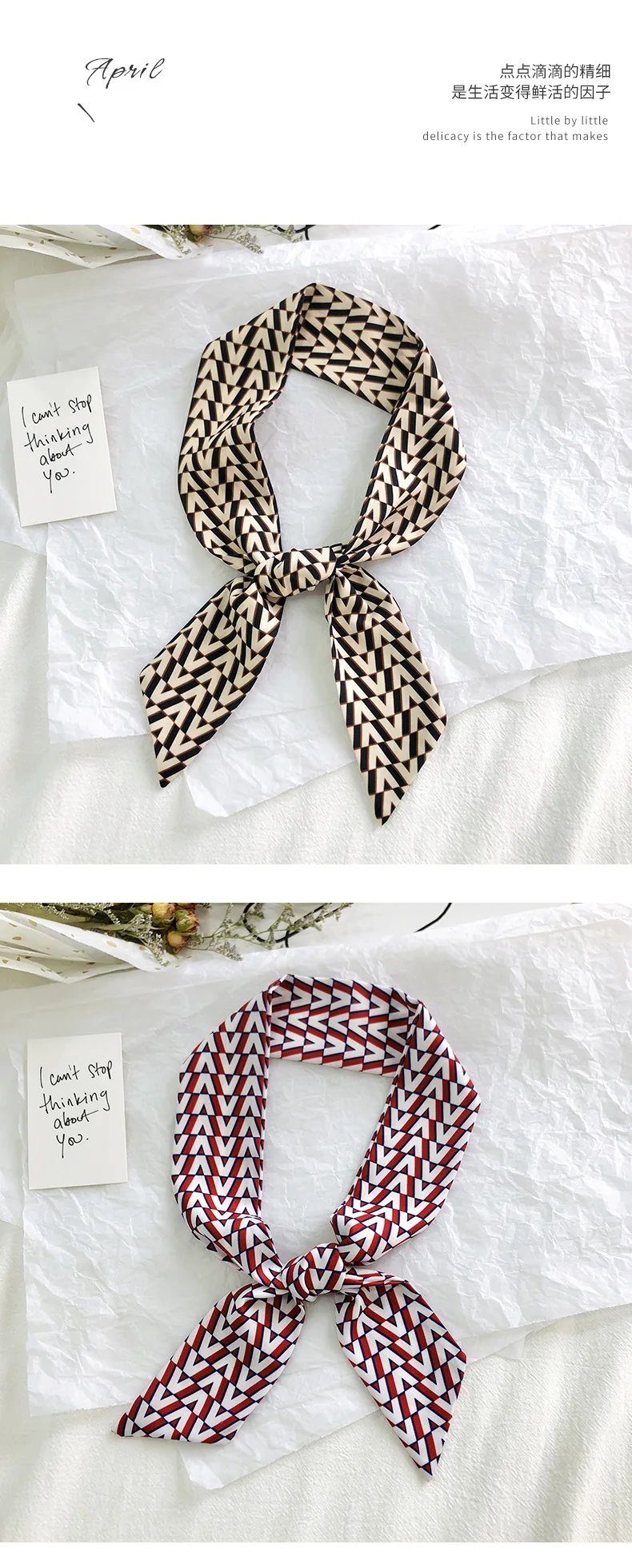 2025 New Style Fashion Ribbon Narrow Silk Scarf Women Small Long Decorative Hair Band Printed Silk Skinny Scarf Neckerchief
