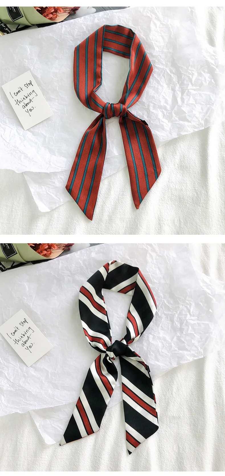 2025 New Style Fashion Ribbon Narrow Silk Scarf Women Small Long Decorative Hair Band Printed Silk Skinny Scarf Neckerchief