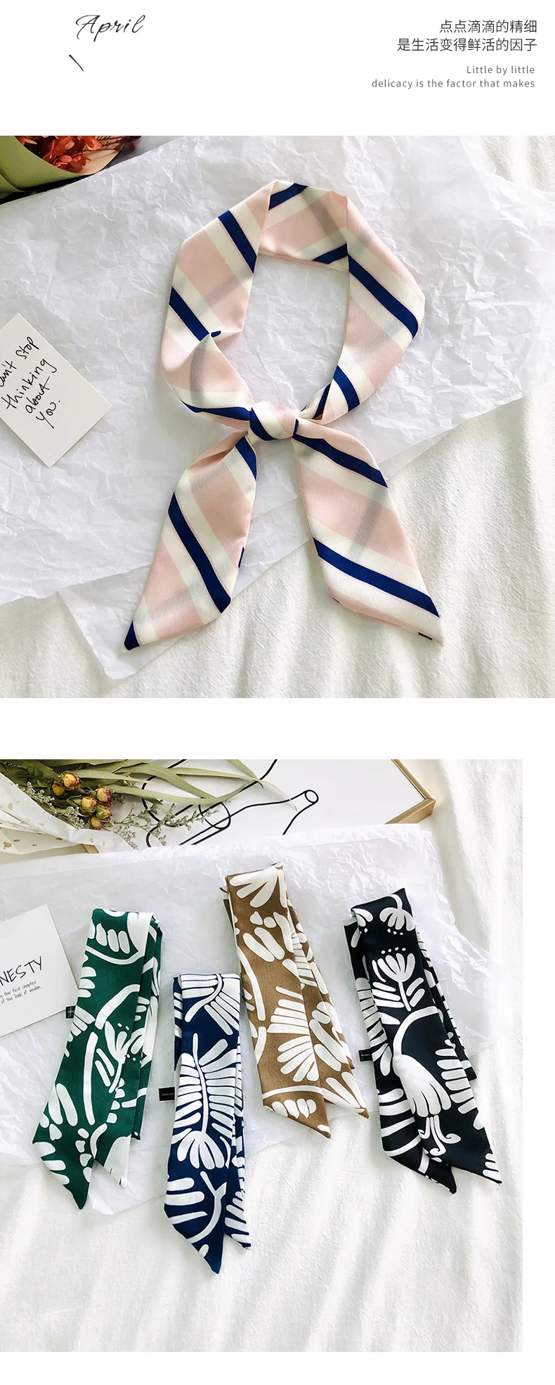 2025 New Style Fashion Ribbon Narrow Silk Scarf Women Small Long Decorative Hair Band Printed Silk Skinny Scarf Neckerchief