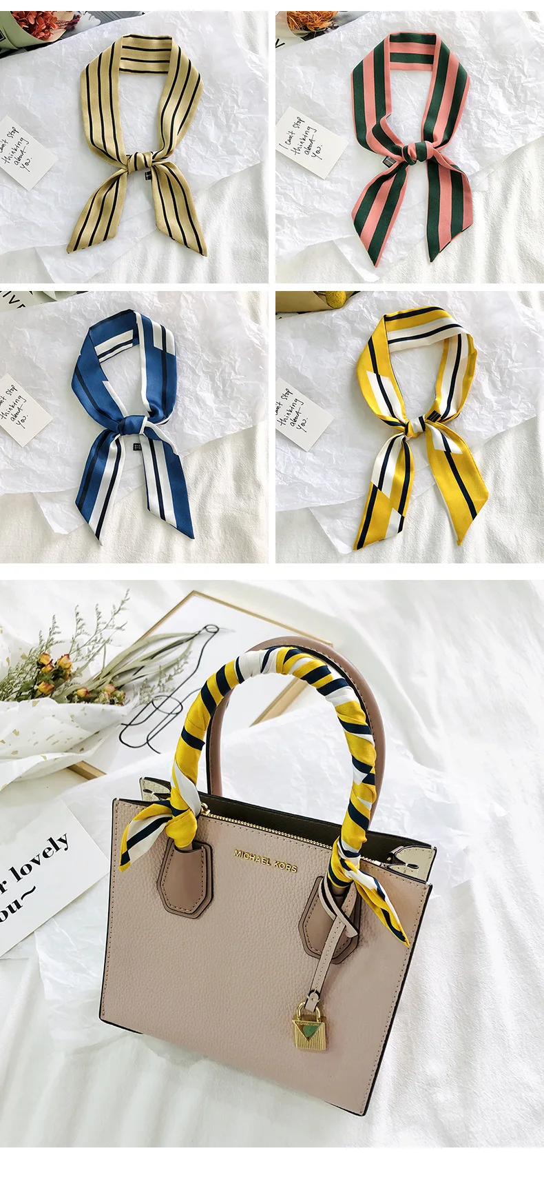 2025 New Style Fashion Ribbon Narrow Silk Scarf Women Small Long Decorative Hair Band Printed Silk Skinny Scarf Neckerchief