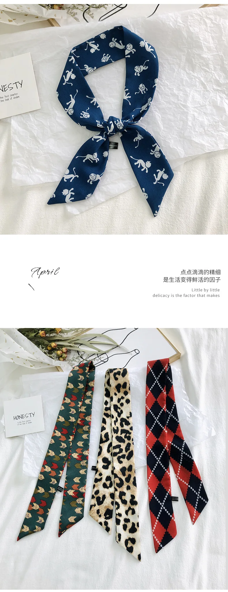 2025 New Style Fashion Ribbon Narrow Silk Scarf Women Small Long Decorative Hair Band Printed Silk Skinny Scarf Neckerchief