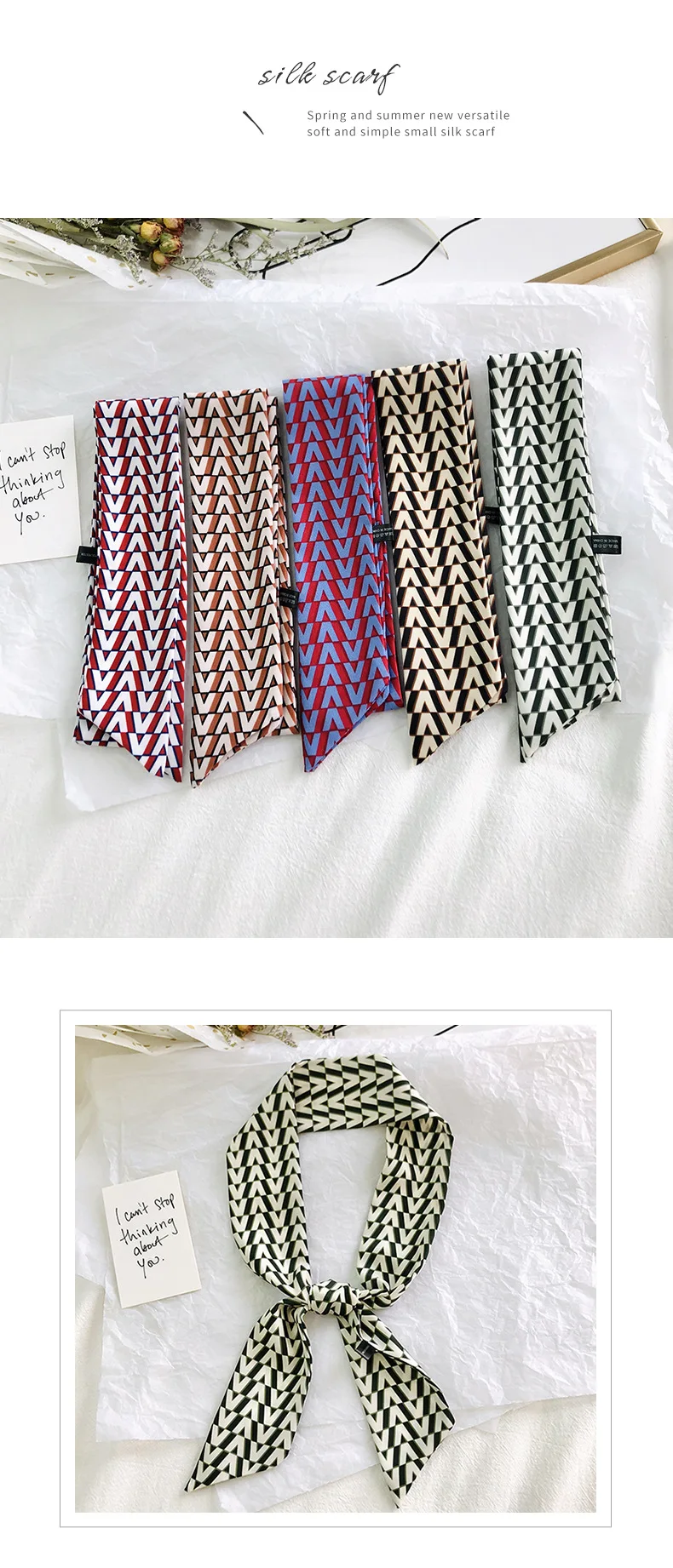 2025 New Style Fashion Ribbon Narrow Silk Scarf Women Small Long Decorative Hair Band Printed Silk Skinny Scarf Neckerchief