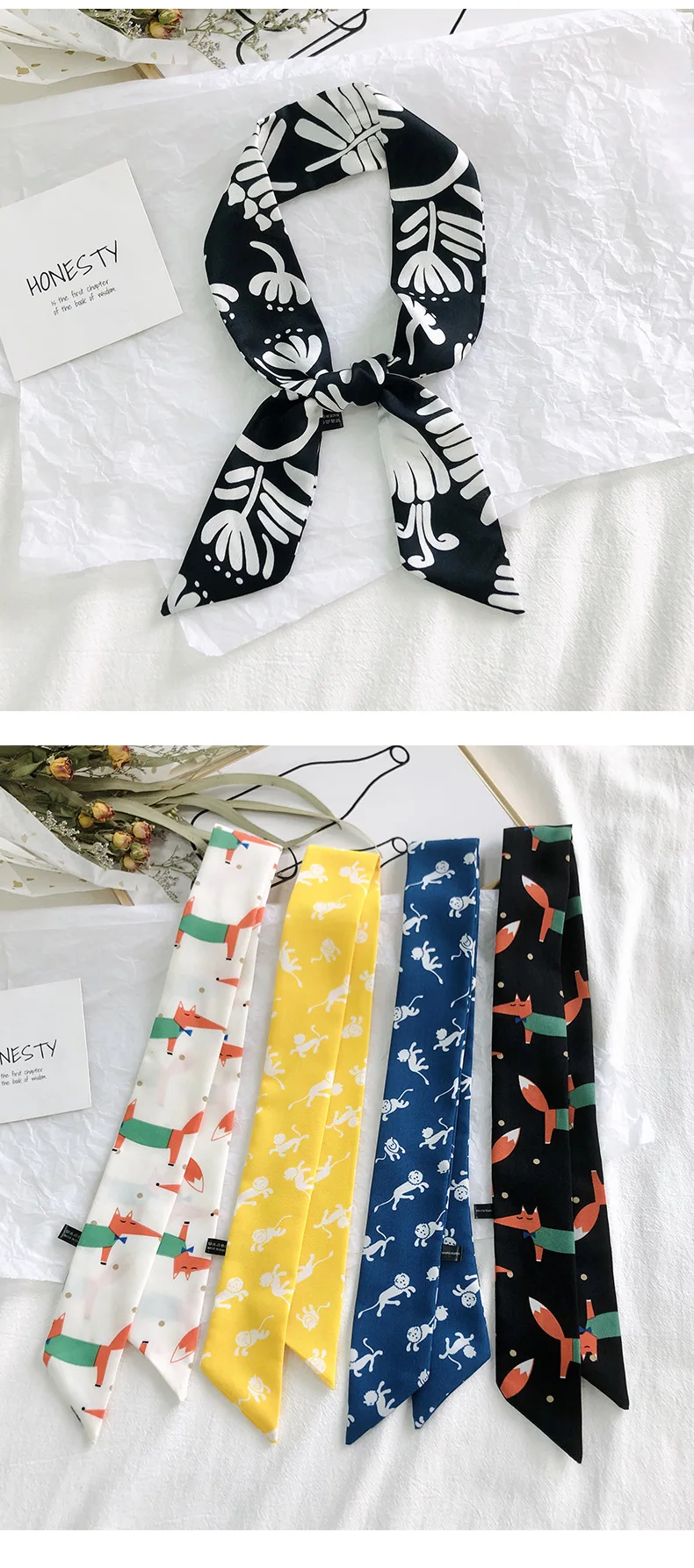 2025 New Style Fashion Ribbon Narrow Silk Scarf Women Small Long Decorative Hair Band Printed Silk Skinny Scarf Neckerchief