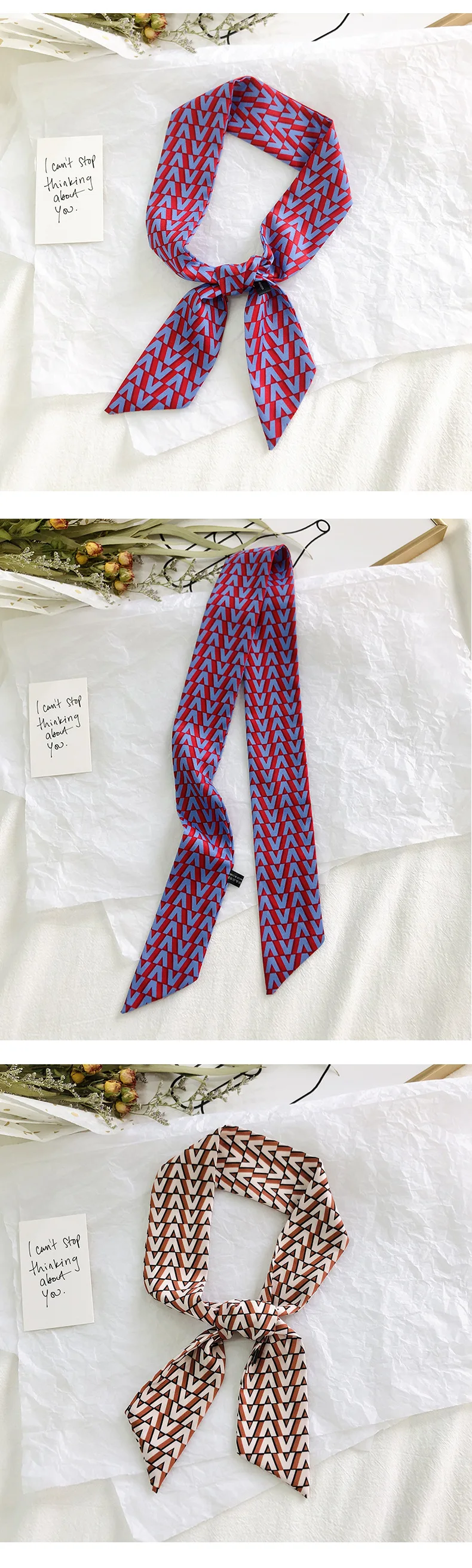 2025 New Style Fashion Ribbon Narrow Silk Scarf Women Small Long Decorative Hair Band Printed Silk Skinny Scarf Neckerchief