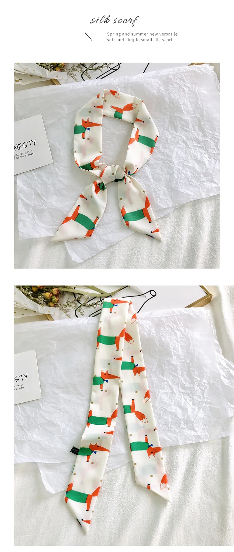 2025 New Style Fashion Ribbon Narrow Silk Scarf Women Small Long Decorative Hair Band Printed Silk Skinny Scarf Neckerchief