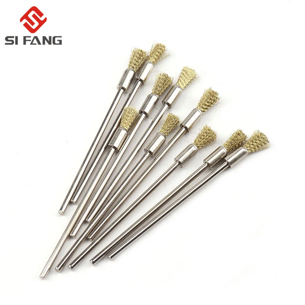 10pcs Professional Stainless Steel Wire End Brush Brass Pen Shape 6mm Extension Rod 1/8"Shank for Jewelry Polishing Rotary Tool