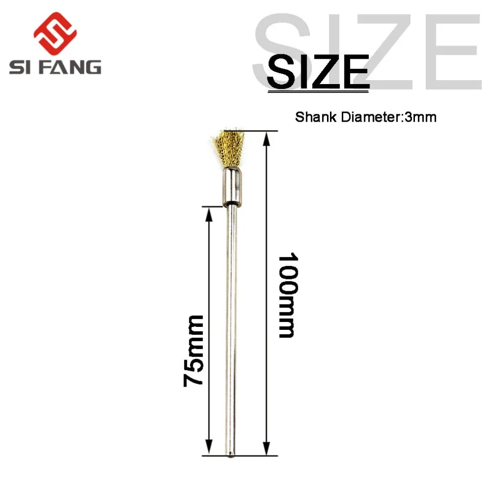 10pcs Professional Stainless Steel Wire End Brush Brass Pen Shape 6mm Extension Rod 1/8"Shank for Jewelry Polishing Rotary Tool