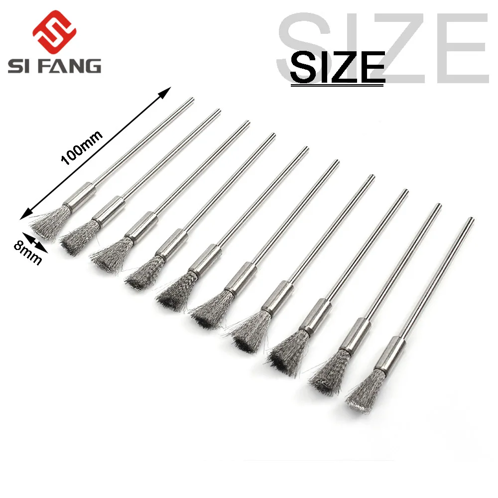 10pcs Professional Stainless Steel Wire End Brush Brass Pen Shape 6mm Extension Rod 1/8"Shank for Jewelry Polishing Rotary Tool