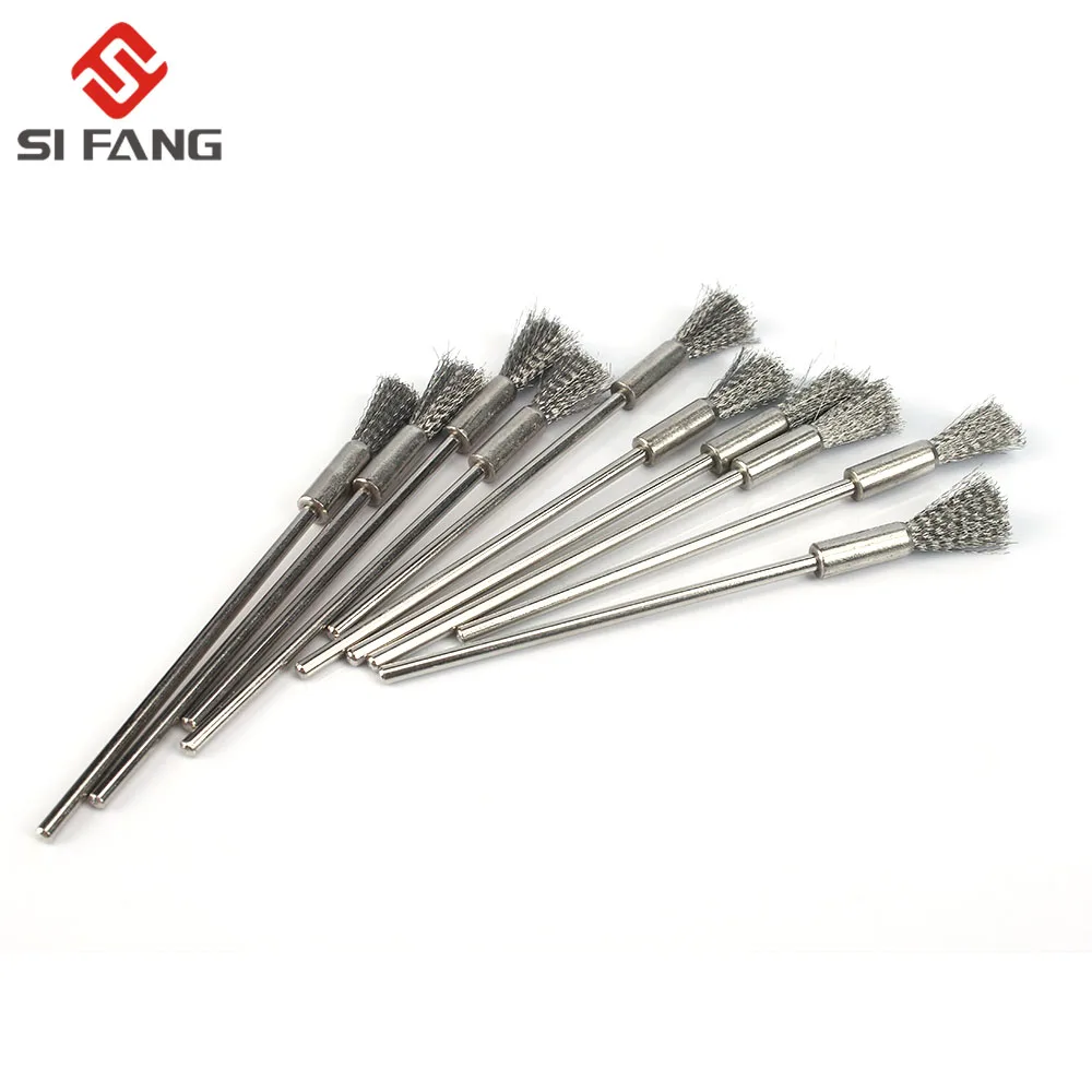 10pcs Professional Stainless Steel Wire End Brush Brass Pen Shape 6mm Extension Rod 1/8"Shank for Jewelry Polishing Rotary Tool