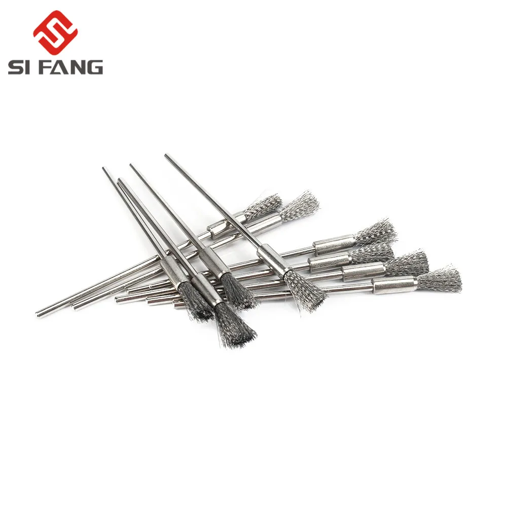 10pcs Professional Stainless Steel Wire End Brush Brass Pen Shape 6mm Extension Rod 1/8"Shank for Jewelry Polishing Rotary Tool