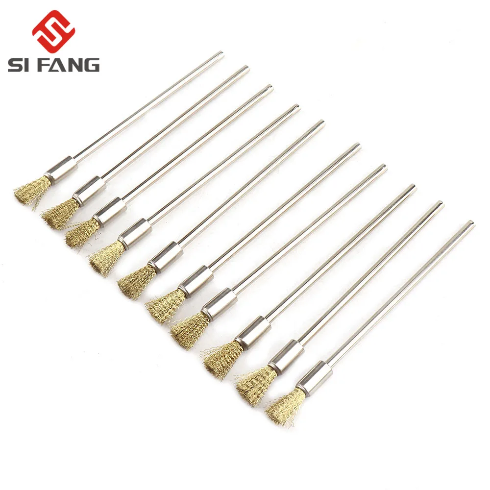 10pcs Professional Stainless Steel Wire End Brush Brass Pen Shape 6mm Extension Rod 1/8"Shank for Jewelry Polishing Rotary Tool