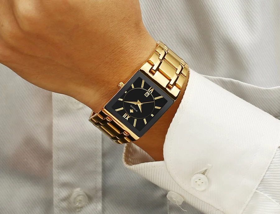WWOOR Brand Luxury Gold Bracelet Men's Watches Fashion Square Quartz Wrist Watch For Men Stainless Steel Waterproof Reloj Hombre