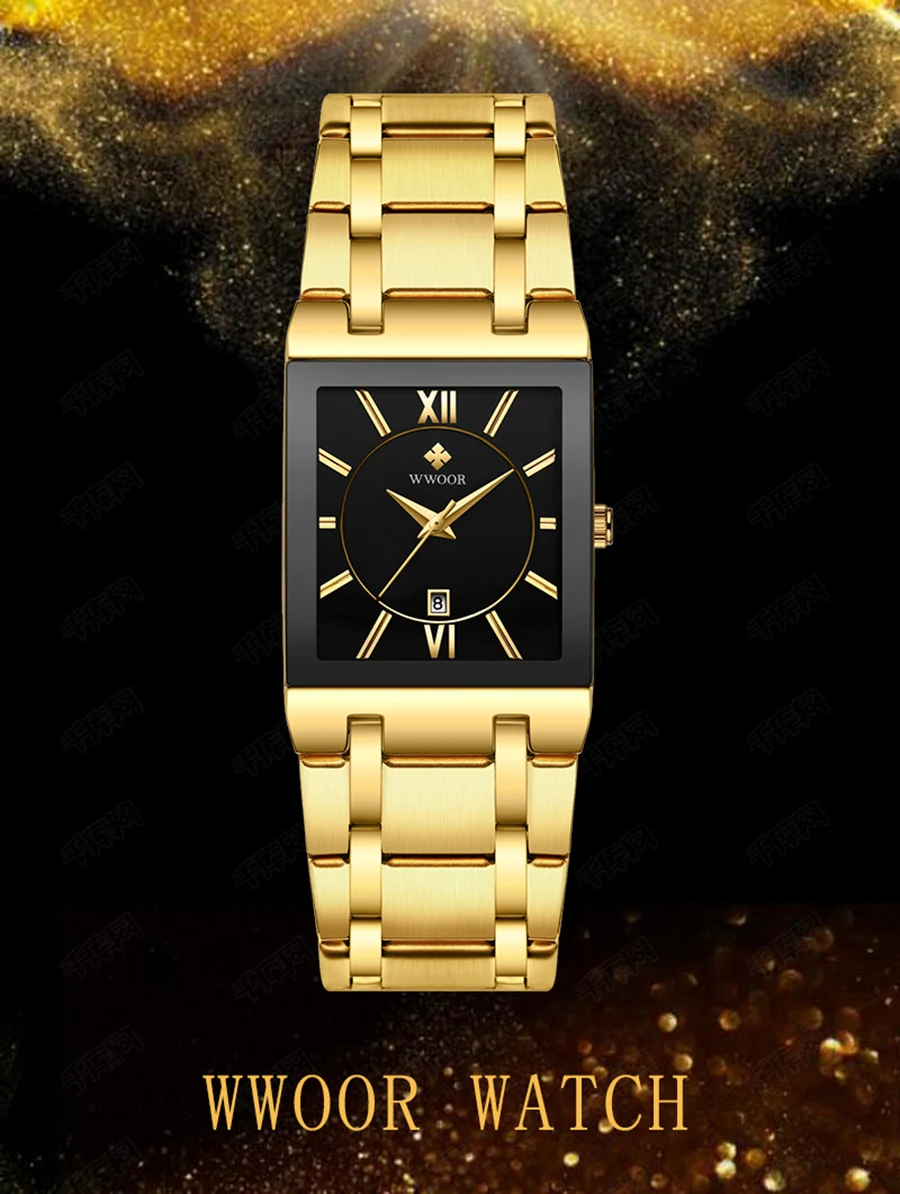 WWOOR Brand Luxury Gold Bracelet Men's Watches Fashion Square Quartz Wrist Watch For Men Stainless Steel Waterproof Reloj Hombre