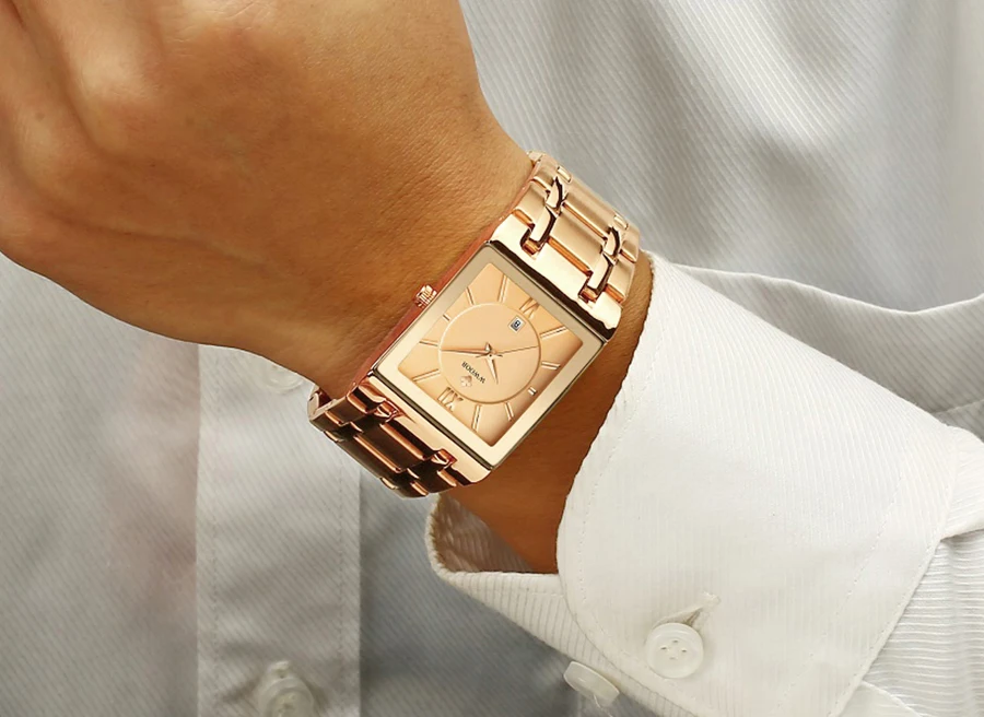 WWOOR Brand Luxury Gold Bracelet Men's Watches Fashion Square Quartz Wrist Watch For Men Stainless Steel Waterproof Reloj Hombre