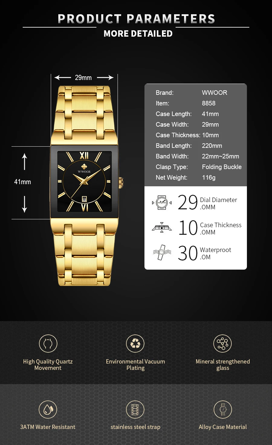 WWOOR Brand Luxury Gold Bracelet Men's Watches Fashion Square Quartz Wrist Watch For Men Stainless Steel Waterproof Reloj Hombre