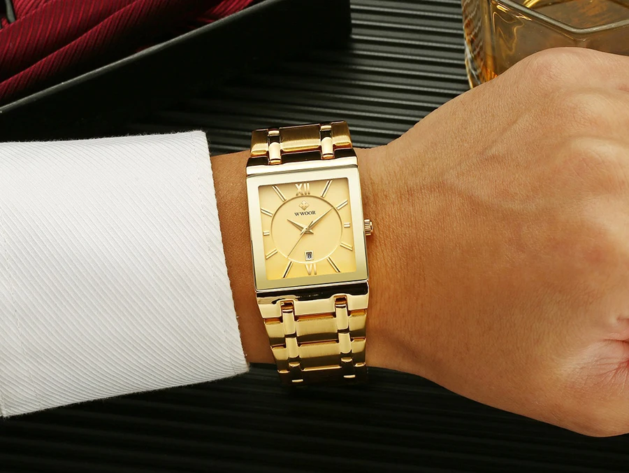 WWOOR Brand Luxury Gold Bracelet Men's Watches Fashion Square Quartz Wrist Watch For Men Stainless Steel Waterproof Reloj Hombre