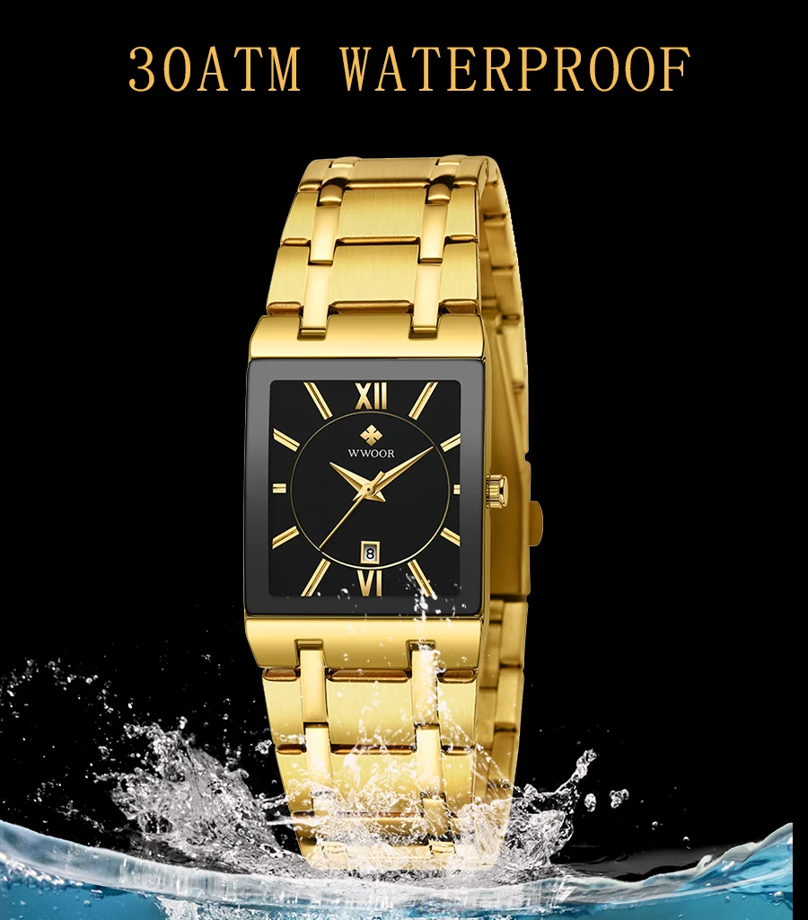 WWOOR Brand Luxury Gold Bracelet Men's Watches Fashion Square Quartz Wrist Watch For Men Stainless Steel Waterproof Reloj Hombre