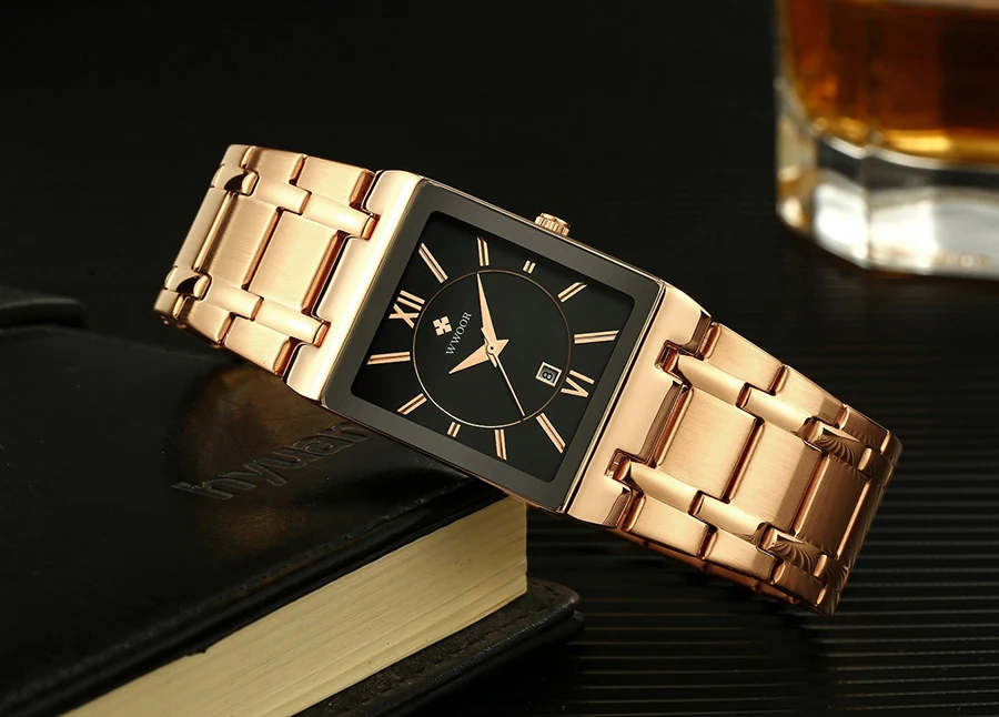 WWOOR Brand Luxury Gold Bracelet Men's Watches Fashion Square Quartz Wrist Watch For Men Stainless Steel Waterproof Reloj Hombre