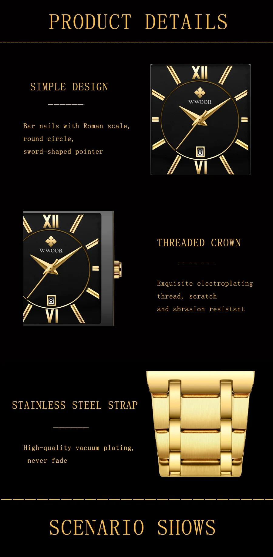 WWOOR Brand Luxury Gold Bracelet Men's Watches Fashion Square Quartz Wrist Watch For Men Stainless Steel Waterproof Reloj Hombre