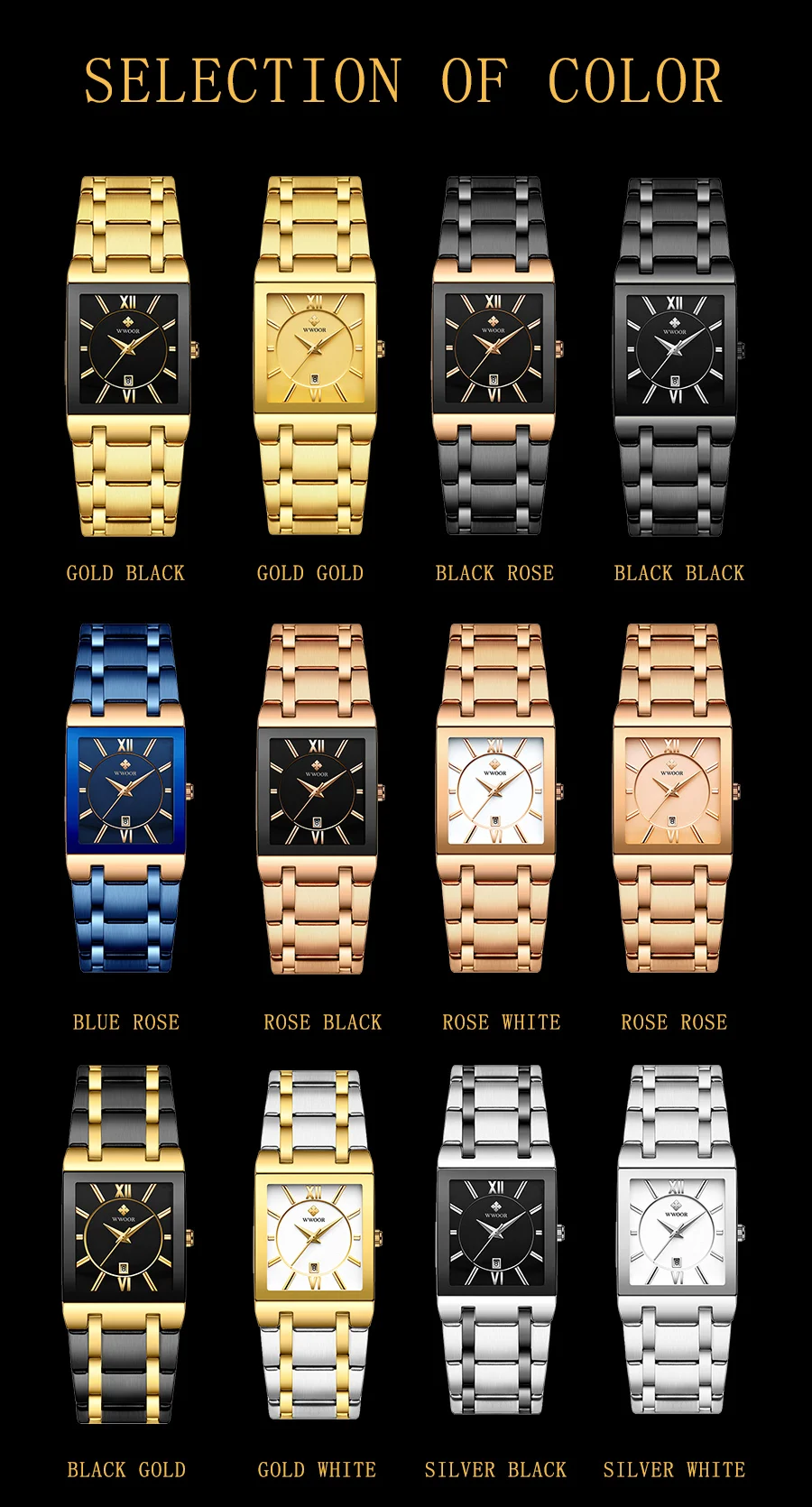 WWOOR Brand Luxury Gold Bracelet Men's Watches Fashion Square Quartz Wrist Watch For Men Stainless Steel Waterproof Reloj Hombre