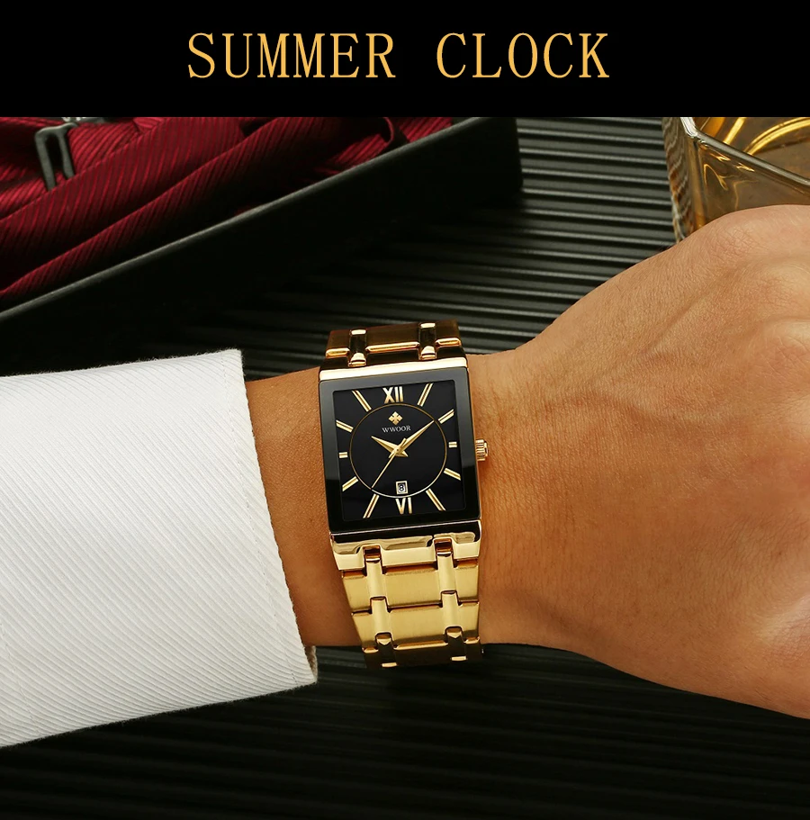 WWOOR Brand Luxury Gold Bracelet Men's Watches Fashion Square Quartz Wrist Watch For Men Stainless Steel Waterproof Reloj Hombre