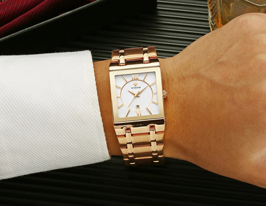 WWOOR Brand Luxury Gold Bracelet Men's Watches Fashion Square Quartz Wrist Watch For Men Stainless Steel Waterproof Reloj Hombre