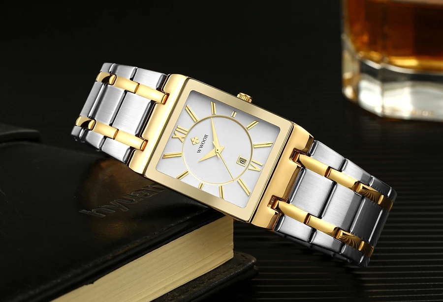WWOOR Brand Luxury Gold Bracelet Men's Watches Fashion Square Quartz Wrist Watch For Men Stainless Steel Waterproof Reloj Hombre