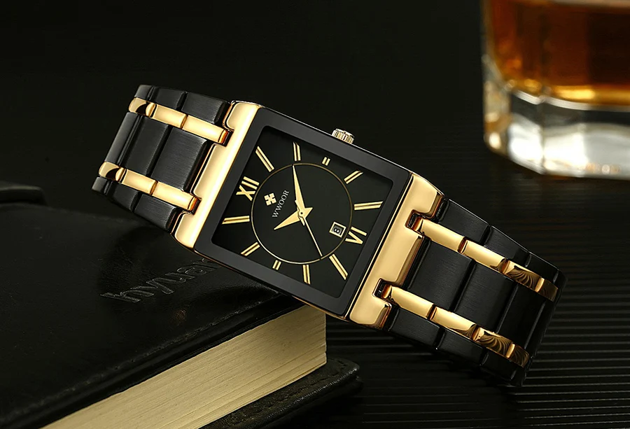WWOOR Brand Luxury Gold Bracelet Men's Watches Fashion Square Quartz Wrist Watch For Men Stainless Steel Waterproof Reloj Hombre