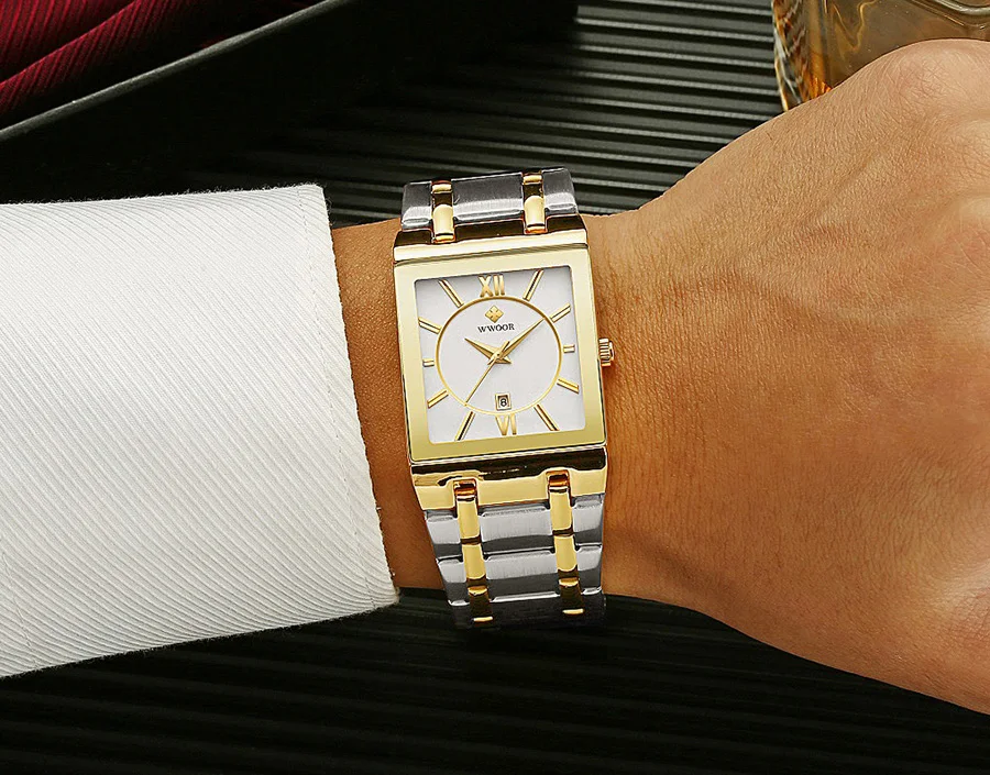 WWOOR Brand Luxury Gold Bracelet Men's Watches Fashion Square Quartz Wrist Watch For Men Stainless Steel Waterproof Reloj Hombre