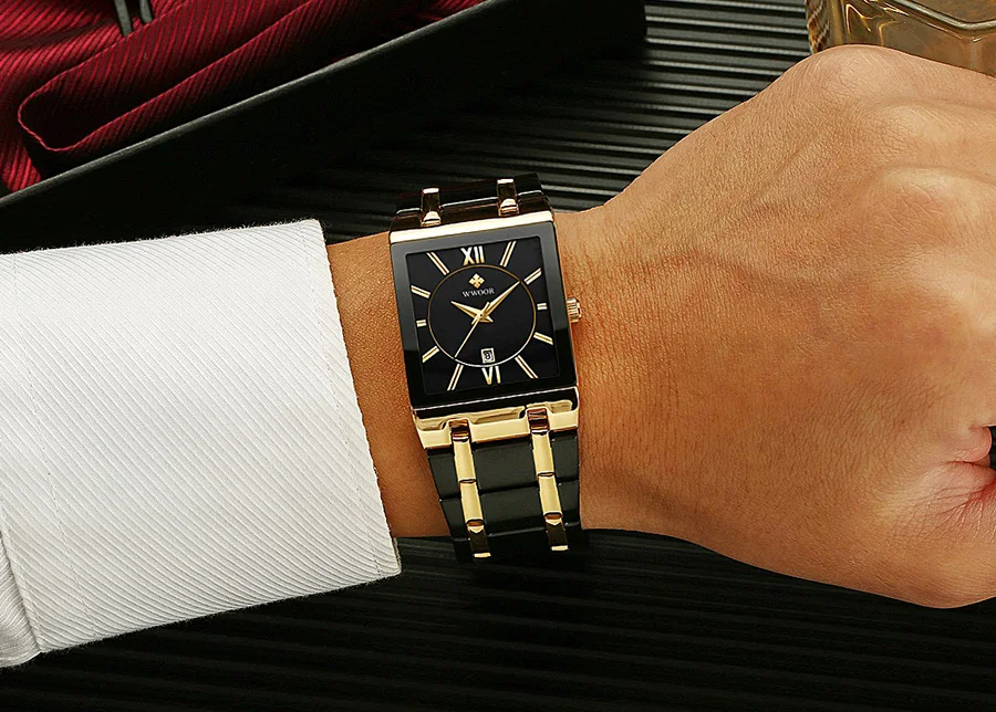 WWOOR Brand Luxury Gold Bracelet Men's Watches Fashion Square Quartz Wrist Watch For Men Stainless Steel Waterproof Reloj Hombre