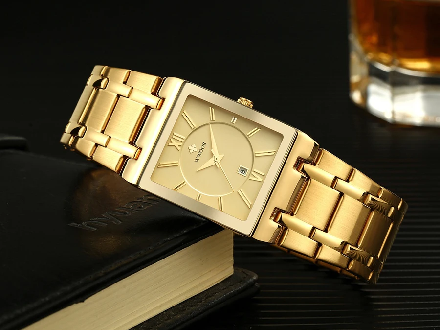 WWOOR Brand Luxury Gold Bracelet Men's Watches Fashion Square Quartz Wrist Watch For Men Stainless Steel Waterproof Reloj Hombre