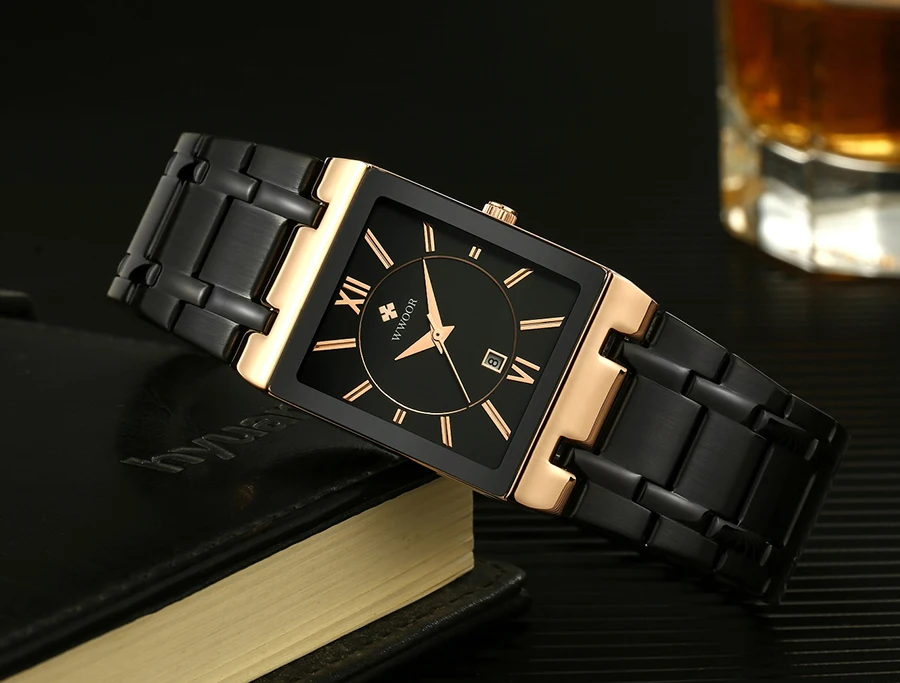 WWOOR Brand Luxury Gold Bracelet Men's Watches Fashion Square Quartz Wrist Watch For Men Stainless Steel Waterproof Reloj Hombre