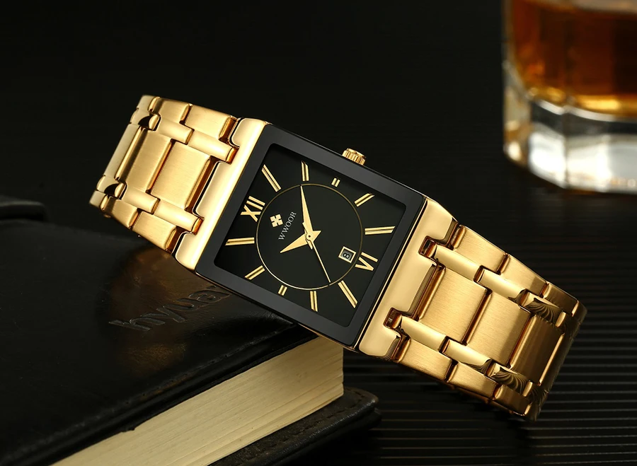 WWOOR Brand Luxury Gold Bracelet Men's Watches Fashion Square Quartz Wrist Watch For Men Stainless Steel Waterproof Reloj Hombre