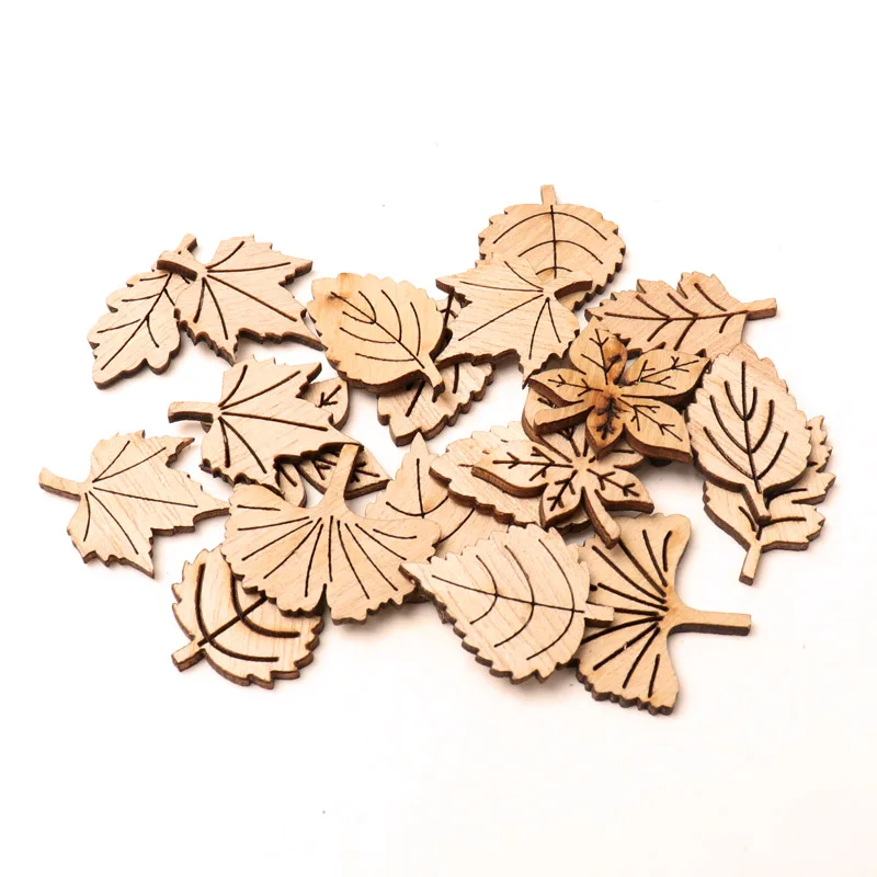 40PCS Natural Wood Leaves Hanging Chips Scrapbooking Wooden Slice Embellishment Ornaments Home Decoration Tools DIY Crafts 28mm