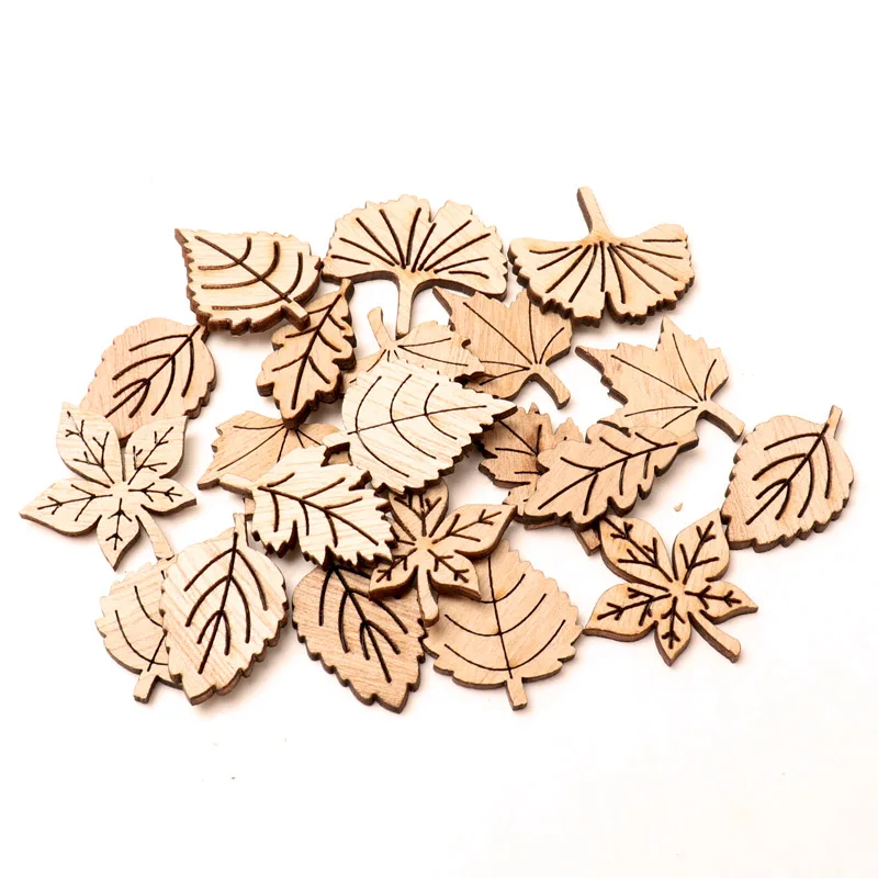40PCS Natural Wood Leaves Hanging Chips Scrapbooking Wooden Slice Embellishment Ornaments Home Decoration Tools DIY Crafts 28mm